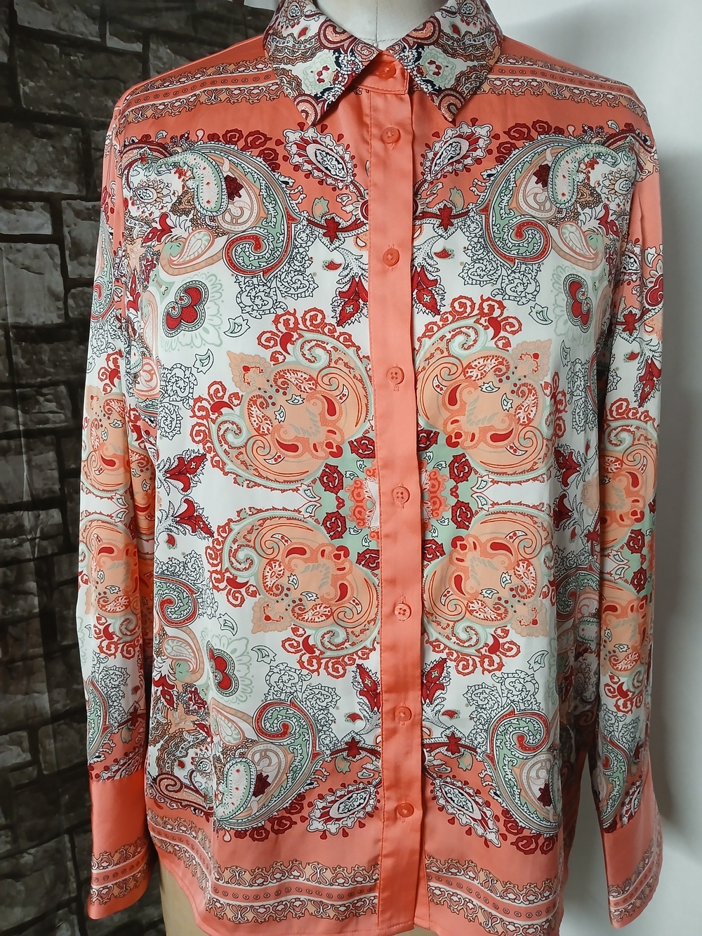 Rachel Zoe Coral and Cream Paisley Button-Down Long-Sleeve Shirt